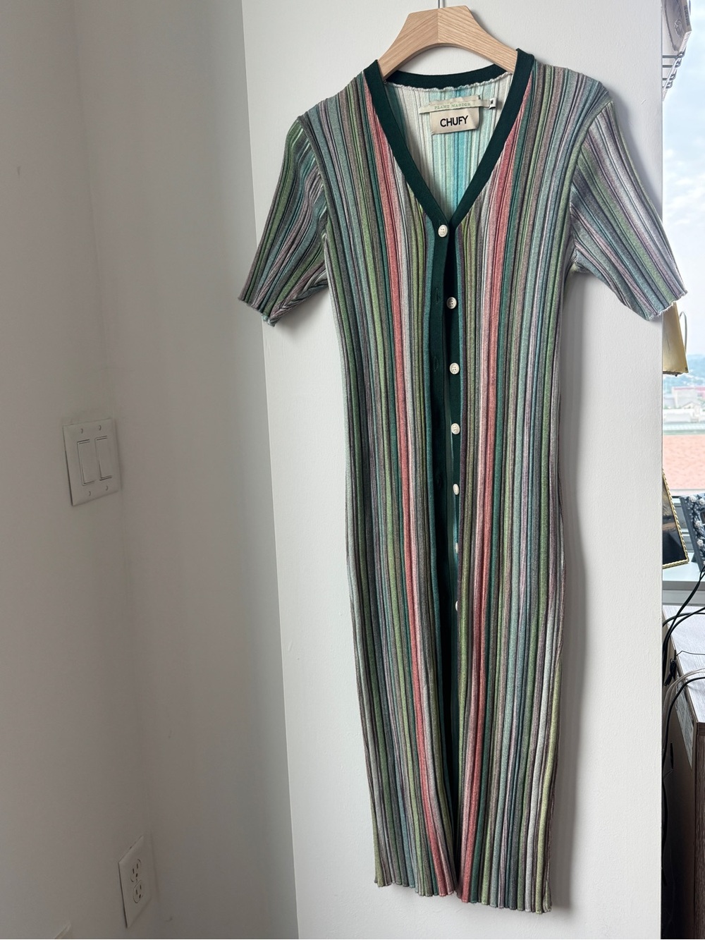 CHUFY Striped Midi Button-Front Dress in Multi-Green